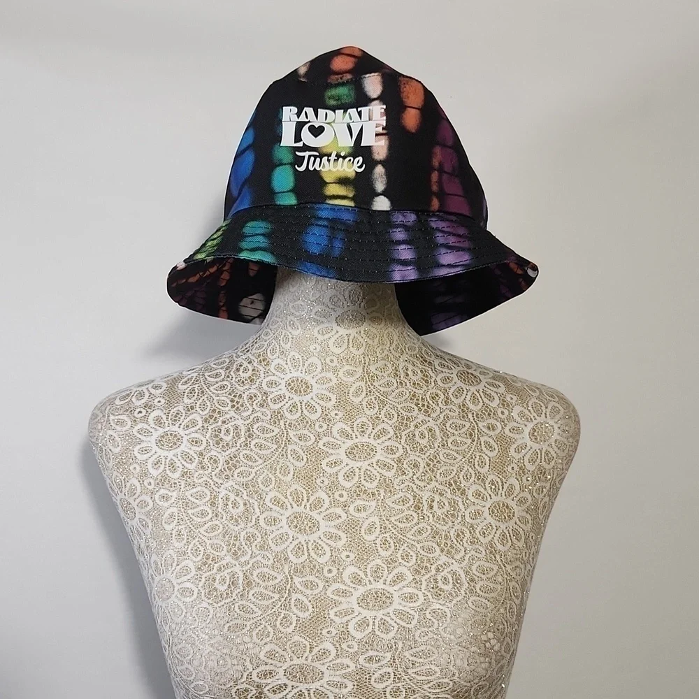 NWOT Justice Kids Girl's Black Tie-Dye Bucket Hat Radiate Love Graphic Party
